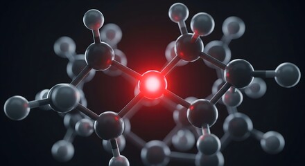 Dynamic 3D render of a molecular structure with a central glowing red nucleus, representing energy, science research, and abstract modern technology concepts on a dark background