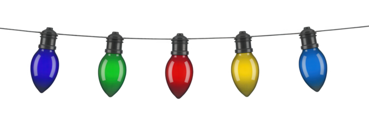 Colorful christmas lights strung together isolated on transparent background