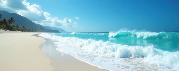 Fototapeta premium Azure sky, dazzling white sand, and powerful whitecap waves rolling ashore , blue, paradise, tropical