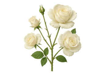 Fototapeta premium White roses blooming and budding on stem, botanical illustration with green leaves, transparent background