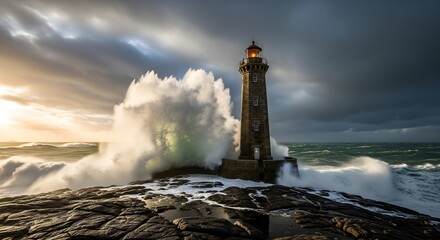 Dramatic photograph of a stone lighthouse enduring a fierce storm with massive waves crashing against its base and a turbulent, dark sky with a hint of sunset light