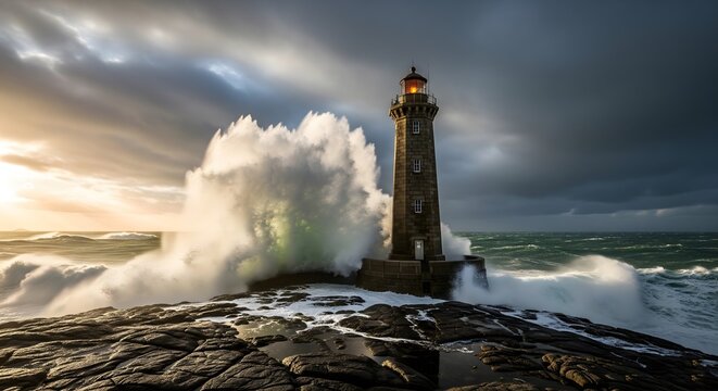 Dramatic photograph of a stone lighthouse enduring a fierce storm with massive waves crashing against its base and a turbulent, dark sky with a hint of sunset light