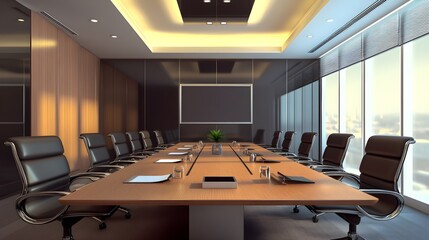 Large conference room with wood paneling and city view