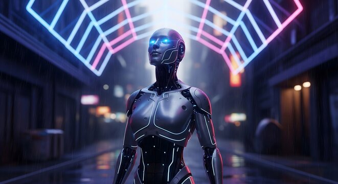 Highly detailed 3D render of a sleek, chrome female humanoid robot or cyborg standing in a dark, rain-slicked futuristic city street, illuminated by blue and pink neon lights - Powered by Adobe