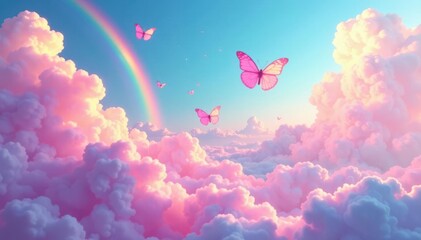 Pastel low poly butterflies flutter across a rainbow hologram sky Dreamy cloudscape , sky, heaven