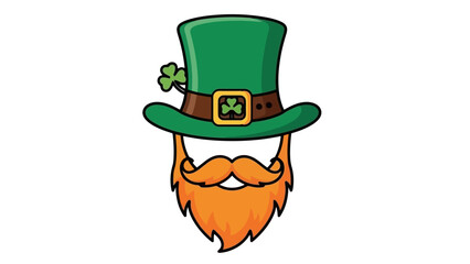 A cartoon illustration of a leprechaun's hat with a shamrock and a large orange beard and mustache.