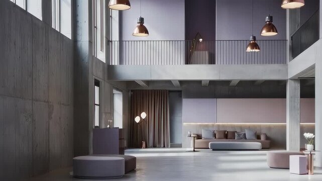 This captivating video features a spacious, modern living area with concrete walls and soft purple accents. Large windows flood the room with natural light, creating a serene and stylish atmosphere pe