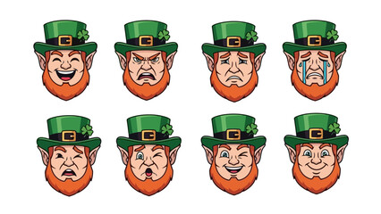 A collection of eight cartoon leprechaun faces displaying a variety of emotions, including joy, anger, sadness, and surprise.