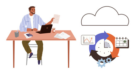 Office scene with man analyzing printed reports at desk, laptop, cloud graphic, data charts, timeline, and gears. Ideal for productivity, cloud storage, workflow time management analytics