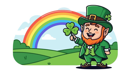 A cheerful leprechaun in a green suit and hat holds a shamrock with a rainbow in the background.