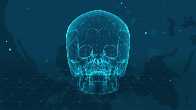 Futuristic Digital Human Skull Hologram with Scientific Data Visualization