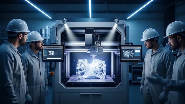 Engineers observe a 3D printer creating a clear plastic engine part in a cool, blue lab