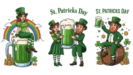 St. Patrick's Day themed illustrations of people with green beer.