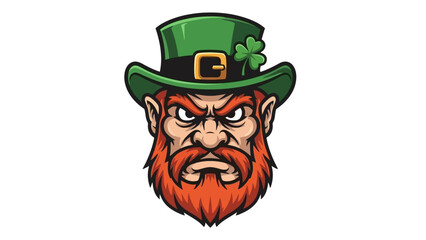 Illustration of a stern-faced leprechaun with a red beard wearing a green hat.