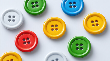 Cheerful collection of colorful sewing button craft objects on white background. An assortment including red, green, blue, and yellow buttons for tailoring or hobbies