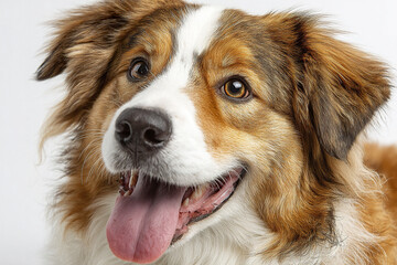 Fototapeta premium Happy dog with tongue out looking friendly and joyful close up portrait with white background showing brown and white fur and bright eyes