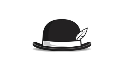 A detailed illustration of a black bowler hat with a white band and a feather.