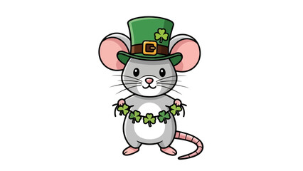 A cute cartoon mouse wearing a green St. Patrick's Day hat and a shamrock garland around its neck.