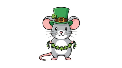 A cute cartoon mouse wearing a green leprechaun hat and holding a shamrock garland.