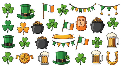 St. Patrick's Day themed clip art with shamrocks, flags, and pots of gold.