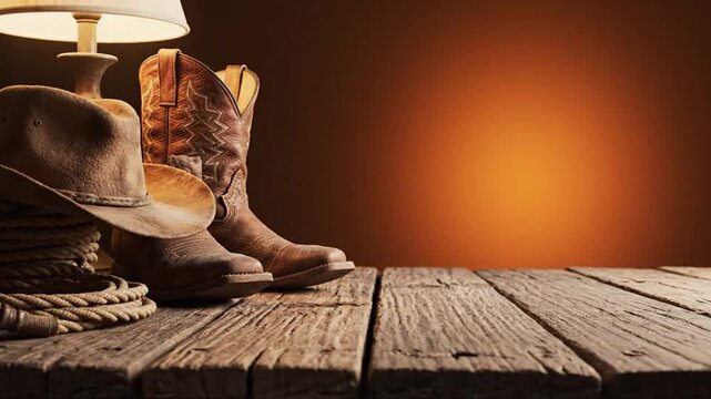 Texas Cowboy Poetry Week banner, rustic brown-to-sunset orange gradient, cowboy hat, boots, and rope arranged on wooden table