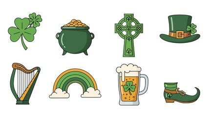 A collection of St. Patrick's Day themed icons including a shamrock, pot of gold, Celtic cross, leprechaun hat, harp, rainbow, beer, and shoe.
