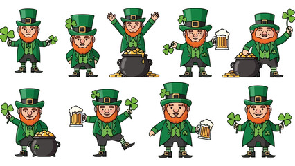 Collection of cartoon leprechauns in various poses for St. Patrick's Day.