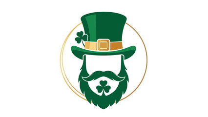 Green leprechaun wearing a hat with a gold buckle and a shamrock on his beard.