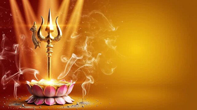 Thaipusam festival banner, gold-to-saffron gradient, glowing vel (sacred spear) standing on a lotus pedestal