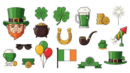 St. Patrick's Day icons: leprechaun, clover, beer, gold, horseshoe, pipe, flag, hat, balloons, and fireworks.