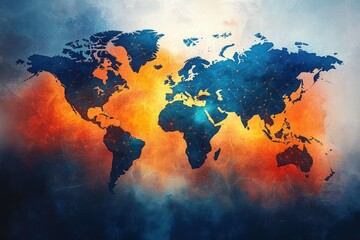 digital world map with blue continents and fiery orange glowing network connections on textured background