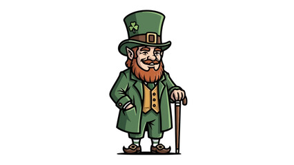 A cartoon illustration of a leprechaun, wearing a green suit and hat, holding a cane.