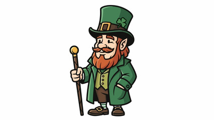A cartoon leprechaun wearing a green hat and coat, holding a cane, with a red beard and mustache.