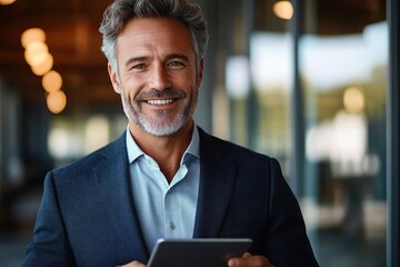 smiling middle-aged man with gray hair and beard wearing a dark blazer and light blue shirt holding a tablet in a modern office setting with blurred background lights