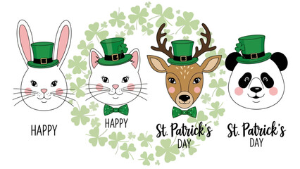 Cute cartoon animals including a bunny, cat, deer, and panda celebrating St. Patrick's Day with hats and shamrocks.