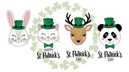 St. Patrick's Day animals: bunny, cat, deer, and panda wearing green hats and bowties.