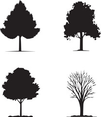Four black Trees silhouettes set big highly vector tree set