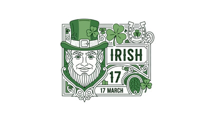 St. Patrick's Day graphic with leprechaun, shamrock, and horseshoe.