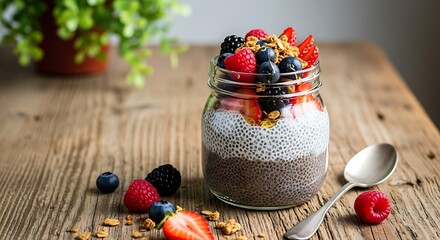 Healthy berry chia seed pudding in a jar with granola and spoon
