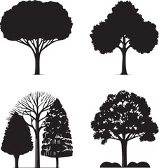 Four black Trees silhouettes set big highly vector tree set