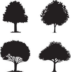 Four black Trees silhouettes set big highly vector tree set