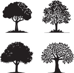 Four black Trees silhouettes set big highly vector tree set