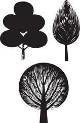 Four black Trees silhouettes set big highly vector tree set