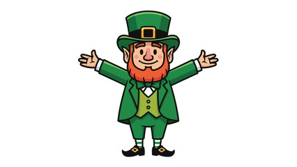 A cartoon leprechaun in a green suit and hat with his arms outstretched.