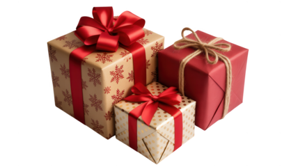 Three festive gift boxes with red ribbons isolated on transparent background