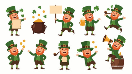 Collection of cartoon leprechauns in various poses, celebrating St. Patrick's Day.