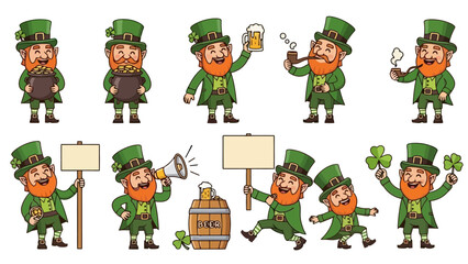 Cartoon leprechauns in various poses for St. Patrick's Day.