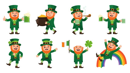 Collection of leprechauns in various poses for St. Patrick's Day celebrations.