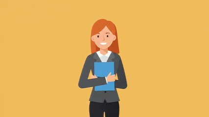 Professional woman in a suit holding a folder, smiling against a bright yellow background