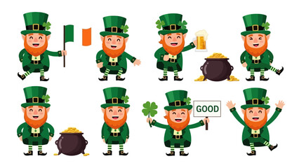 Collection of cartoon leprechauns in various poses, some holding Irish flags, pots of gold, and shamrocks, celebrating St. Patrick's Day.